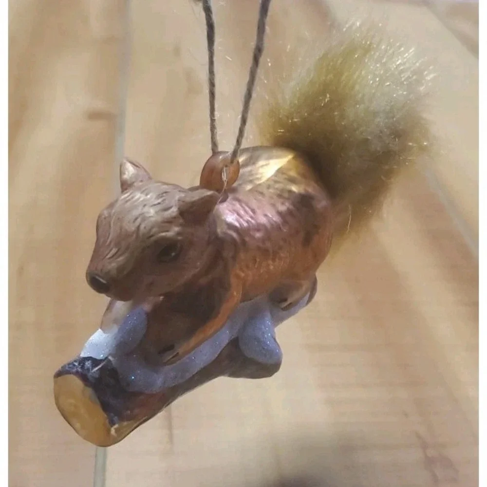 Squirrel Christmas Ornament Hand Blown‎ Glass Animal Plush Fur Tail 5